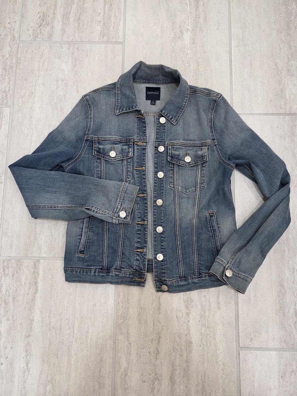 Just USA Light Blue Denim Jacket with Tan Stitching